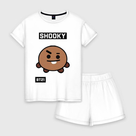 Женская пижама с шортиками хлопок с принтом SHOOKY BT21 в Белгороде, 100% хлопок | футболка прямого кроя, шорты свободные с широкой мягкой резинкой | bt21 | bts | chimmy | cooky | koya | love yourself. | mang | rj | shooky | tata | бт21 | бтс