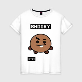 Женская футболка хлопок с принтом SHOOKY BT21 в Белгороде, 100% хлопок | прямой крой, круглый вырез горловины, длина до линии бедер, слегка спущенное плечо | bt21 | bts | chimmy | cooky | koya | love yourself. | mang | rj | shooky | tata | бт21 | бтс