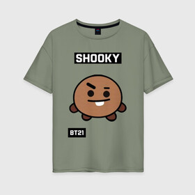 Женская футболка хлопок Oversize с принтом SHOOKY BT21 в Белгороде, 100% хлопок | свободный крой, круглый ворот, спущенный рукав, длина до линии бедер
 | bt21 | bts | chimmy | cooky | koya | love yourself. | mang | rj | shooky | tata | бт21 | бтс