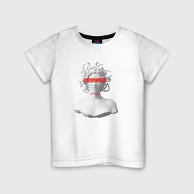 Детская футболка хлопок с принтом Медуза Горгона в Белгороде, 100% хлопок | круглый вырез горловины, полуприлегающий силуэт, длина до линии бедер | девушка | медуза горгона | миф | полосы | скульптура | стиль