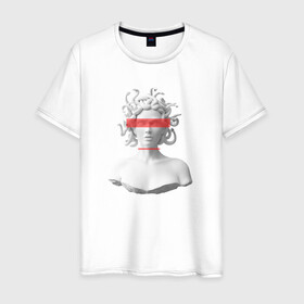 Мужская футболка хлопок с принтом Медуза Горгона в Белгороде, 100% хлопок | прямой крой, круглый вырез горловины, длина до линии бедер, слегка спущенное плечо. | девушка | медуза горгона | миф | полосы | скульптура | стиль