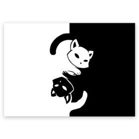 Поздравительная открытка с принтом ДВА КОТА КУВЫРКАЮТСЯ. в Белгороде, 100% бумага | плотность бумаги 280 г/м2, матовая, на обратной стороне линовка и место для марки
 | Тематика изображения на принте: black white | два кота кувыркаются | животные | котики | коты | черно белое