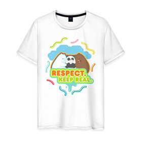 Мужская футболка хлопок с принтом Respect keep real в Белгороде, 100% хлопок | прямой крой, круглый вырез горловины, длина до линии бедер, слегка спущенное плечо. | Тематика изображения на принте: baby bears | bare bears | charle and bears | dsgngerzen | grizz | isebear | panda | panpan | selfie panpan | vdgerir | вся правда о медведях