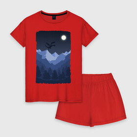 Женская пижама с шортиками хлопок с принтом Ночной Дракон в Белгороде, 100% хлопок | футболка прямого кроя, шорты свободные с широкой мягкой резинкой | горы | деревья | дракон | картина | лес | луна | ночь | рисунок