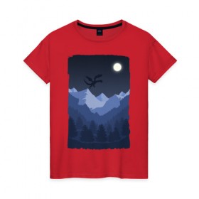Женская футболка хлопок с принтом Ночной Дракон в Белгороде, 100% хлопок | прямой крой, круглый вырез горловины, длина до линии бедер, слегка спущенное плечо | горы | деревья | дракон | картина | лес | луна | ночь | рисунок