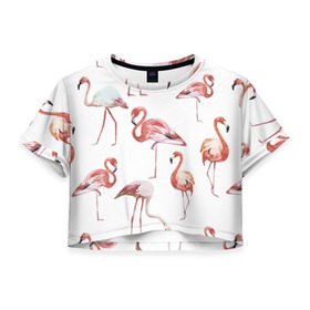 Женская футболка Cropp-top с принтом Розовый фламинго в Белгороде, 100% полиэстер | круглая горловина, длина футболки до линии талии, рукава с отворотами | 