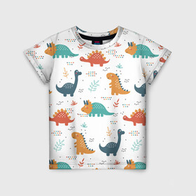 Детская футболка 3D с принтом Милые динозавры в Белгороде, 100% гипоаллергенный полиэфир | прямой крой, круглый вырез горловины, длина до линии бедер, чуть спущенное плечо, ткань немного тянется | dinosaurs | динозавр | динозавры | животные | игрушки | мульт динозавры | мультяшки динозавры | тиранозавр