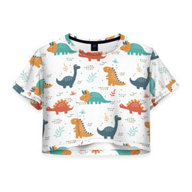 Женская футболка Cropp-top с принтом Милые динозавры в Белгороде, 100% полиэстер | круглая горловина, длина футболки до линии талии, рукава с отворотами | dinosaurs | динозавр | динозавры | животные | игрушки | мульт динозавры | мультяшки динозавры | тиранозавр