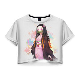 Женская футболка Cropp-top с принтом Nezuko Kamado в Белгороде, 100% полиэстер | круглая горловина, длина футболки до линии талии, рукава с отворотами | demon | kamado | nezuko | slayer | камадо | недзуко | незуко | нэдзуко | нэзуко