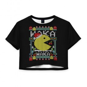 Женская футболка Cropp-top с принтом Pac-man sweater в Белгороде, 100% полиэстер | круглая горловина, длина футболки до линии талии, рукава с отворотами | cherry | christmas | holyday | new | pac man | pacman | snow | snowflakes | sweater | three | xmas | year | вишня | год | елка | клубника | новый | пакман | праздник | рождество | свитер