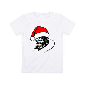 Детская футболка хлопок с принтом Новогодний череп в Белгороде, 100% хлопок | круглый вырез горловины, полуприлегающий силуэт, длина до линии бедер | clause | santa | дед | клаус | мороз | новый год | санта | санта клаус | скелет | череп