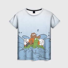 Женская футболка 3D с принтом Bears on a turtle в Белгороде, 100% полиэфир ( синтетическое хлопкоподобное полотно) | прямой крой, круглый вырез горловины, длина до линии бедер | Тематика изображения на принте: baby bears | bare bears | charle and bears | dsgngerzen | grizz | iсebear | panda | panpan | selfie panpan | vdgerir | we bare bears | вся правда о медведях