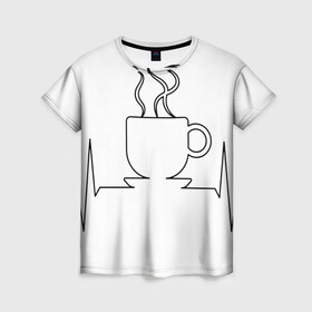 Женская футболка 3D с принтом Чашечку кофе? в Белгороде, 100% полиэфир ( синтетическое хлопкоподобное полотно) | прямой крой, круглый вырез горловины, длина до линии бедер | Тематика изображения на принте: бариста | бармен | вкус | кардиограмма | кофе | кофеман | напиток | подача | профессия | хобби | чашка