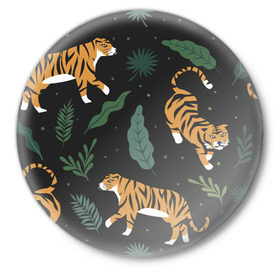 Значок с принтом Тропический тигр в Белгороде,  металл | круглая форма, металлическая застежка в виде булавки | Тематика изображения на принте: tiger | гепард | дикие кошки | животные | кот | кошки | пантера | тигр | тигры