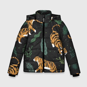 Зимняя куртка для мальчиков 3D с принтом Тропический тигр в Белгороде, ткань верха — 100% полиэстер; подклад — 100% полиэстер, утеплитель — 100% полиэстер | длина ниже бедра, удлиненная спинка, воротник стойка и отстегивающийся капюшон. Есть боковые карманы с листочкой на кнопках, утяжки по низу изделия и внутренний карман на молнии. 

Предусмотрены светоотражающий принт на спинке, радужный светоотражающий элемент на пуллере молнии и на резинке для утяжки | Тематика изображения на принте: tiger | гепард | дикие кошки | животные | кот | кошки | пантера | тигр | тигры