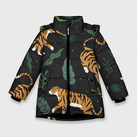 Зимняя куртка для девочек 3D с принтом Тропический тигр в Белгороде, ткань верха — 100% полиэстер; подклад — 100% полиэстер, утеплитель — 100% полиэстер. | длина ниже бедра, удлиненная спинка, воротник стойка и отстегивающийся капюшон. Есть боковые карманы с листочкой на кнопках, утяжки по низу изделия и внутренний карман на молнии. 

Предусмотрены светоотражающий принт на спинке, радужный светоотражающий элемент на пуллере молнии и на резинке для утяжки. | Тематика изображения на принте: tiger | гепард | дикие кошки | животные | кот | кошки | пантера | тигр | тигры