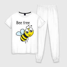 Женская пижама хлопок с принтом Bee free в Белгороде, 100% хлопок | брюки и футболка прямого кроя, без карманов, на брюках мягкая резинка на поясе и по низу штанин | azmart | bee free