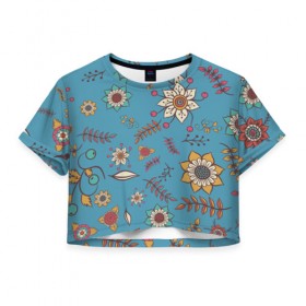 Женская футболка Cropp-top с принтом Цветочный рай в Белгороде, 100% полиэстер | круглая горловина, длина футболки до линии талии, рукава с отворотами | Тематика изображения на принте: 
