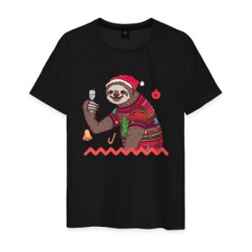 Мужская футболка хлопок с принтом Рождественский Ленивец в Белгороде, 100% хлопок | прямой крой, круглый вырез горловины, длина до линии бедер, слегка спущенное плечо. | Тематика изображения на принте: 