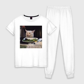 Женская пижама хлопок с принтом мемная картинка с котом в Белгороде, 100% хлопок | брюки и футболка прямого кроя, без карманов, на брюках мягкая резинка на поясе и по низу штанин | кот | котэ | кошка | мем | прикол | фотография