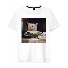 Мужская футболка хлопок с принтом мемная картинка с котом в Белгороде, 100% хлопок | прямой крой, круглый вырез горловины, длина до линии бедер, слегка спущенное плечо. | Тематика изображения на принте: кот | котэ | кошка | мем | прикол | фотография