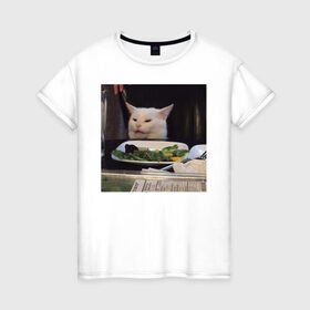 Женская футболка хлопок с принтом мемная картинка с котом в Белгороде, 100% хлопок | прямой крой, круглый вырез горловины, длина до линии бедер, слегка спущенное плечо | Тематика изображения на принте: кот | котэ | кошка | мем | прикол | фотография