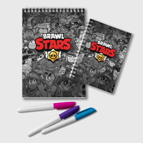 Блокнот с принтом BRAWL STARS в Белгороде, 100% бумага | 48 листов, плотность листов — 60 г/м2, плотность картонной обложки — 250 г/м2. Листы скреплены удобной пружинной спиралью. Цвет линий — светло-серый
 | Тематика изображения на принте: brawl stars | brawl stars все персонажи | bull | colt | crow | leon | leon shark | shark | stars | акула | берли | ворон | динамайк | кольт | леон | леон акула | нита | спайк | шелли | эль примо