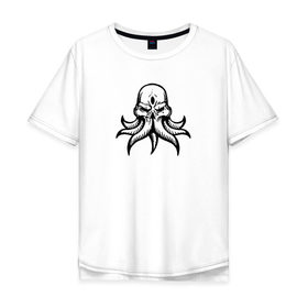 Мужская футболка хлопок Oversize с принтом Ктулху в Белгороде, 100% хлопок | свободный крой, круглый ворот, “спинка” длиннее передней части | ктулху | минимализм | тьма | череп