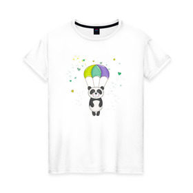 Женская футболка хлопок с принтом Панда на парашюте в Белгороде, 100% хлопок | прямой крой, круглый вырез горловины, длина до линии бедер, слегка спущенное плечо | панда | панда на парашюте | рисунок | сердечки