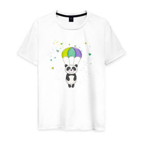 Мужская футболка хлопок с принтом Панда на парашюте в Белгороде, 100% хлопок | прямой крой, круглый вырез горловины, длина до линии бедер, слегка спущенное плечо. | Тематика изображения на принте: панда | панда на парашюте | рисунок | сердечки