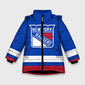 Зимняя куртка для девочек 3D с принтом Нью-Йорк Рейнджерс НХЛ в Белгороде, ткань верха — 100% полиэстер; подклад — 100% полиэстер, утеплитель — 100% полиэстер. | длина ниже бедра, удлиненная спинка, воротник стойка и отстегивающийся капюшон. Есть боковые карманы с листочкой на кнопках, утяжки по низу изделия и внутренний карман на молнии. 

Предусмотрены светоотражающий принт на спинке, радужный светоотражающий элемент на пуллере молнии и на резинке для утяжки. | hockey | new york | new york rangers | nhl | rangers | usa | нхл | нью йорк | нью йорк рейнджерс | рейнджерс | спорт | сша | хоккей | шайба