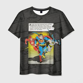 Мужская футболка 3D с принтом Flash, Batman, Superman в Белгороде, 100% полиэфир | прямой крой, круглый вырез горловины, длина до линии бедер | batman | bruce wayne | dc comics | flash | justice league | superhero | superman | бэтмен | лига справедливости | супермен | флэш