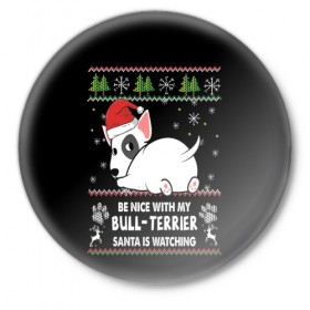 Значок с принтом Santa bull Terrier в Белгороде,  металл | круглая форма, металлическая застежка в виде булавки | Тематика изображения на принте: 