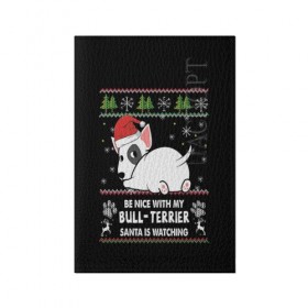 Обложка для паспорта матовая кожа с принтом Santa bull Terrier в Белгороде, натуральная матовая кожа | размер 19,3 х 13,7 см; прозрачные пластиковые крепления | Тематика изображения на принте: 