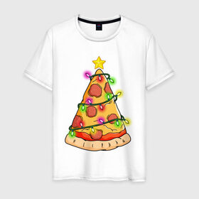 Мужская футболка хлопок с принтом Новогодняя Пицца в Белгороде, 100% хлопок | прямой крой, круглый вырез горловины, длина до линии бедер, слегка спущенное плечо. | 