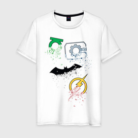 Мужская футболка хлопок с принтом Логотипы. Justice League в Белгороде, 100% хлопок | прямой крой, круглый вырез горловины, длина до линии бедер, слегка спущенное плечо. | Тематика изображения на принте: batman | cyborg | dc comics | green lantern | justice league | logo | shtatjl | superhero | the flash | бэтмен | зеленый фонарь | киборг | лига справедливости | флэш