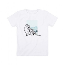 Детская футболка хлопок с принтом Снежный Леопард в Белгороде, 100% хлопок | круглый вырез горловины, полуприлегающий силуэт, длина до линии бедер | Тематика изображения на принте: leopard | snow | winter | зима | леопард | снег | снежный