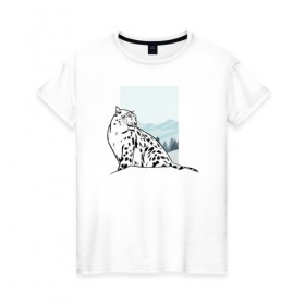 Женская футболка хлопок с принтом Снежный Леопард в Белгороде, 100% хлопок | прямой крой, круглый вырез горловины, длина до линии бедер, слегка спущенное плечо | Тематика изображения на принте: leopard | snow | winter | зима | леопард | снег | снежный