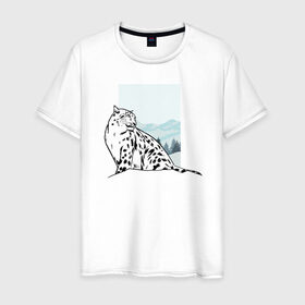 Мужская футболка хлопок с принтом Снежный Леопард в Белгороде, 100% хлопок | прямой крой, круглый вырез горловины, длина до линии бедер, слегка спущенное плечо. | leopard | snow | winter | зима | леопард | снег | снежный