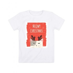 Детская футболка хлопок с принтом MEOWY CHRISTMAS в Белгороде, 100% хлопок | круглый вырез горловины, полуприлегающий силуэт, длина до линии бедер | животные | кот | кошки | новый год | праздник | прикол | рождество | смешное