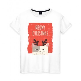 Женская футболка хлопок с принтом MEOWY CHRISTMAS в Белгороде, 100% хлопок | прямой крой, круглый вырез горловины, длина до линии бедер, слегка спущенное плечо | животные | кот | кошки | новый год | праздник | прикол | рождество | смешное