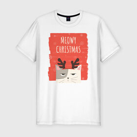 Мужская футболка премиум с принтом MEOWY CHRISTMAS в Белгороде, 92% хлопок, 8% лайкра | приталенный силуэт, круглый вырез ворота, длина до линии бедра, короткий рукав | Тематика изображения на принте: животные | кот | кошки | новый год | праздник | прикол | рождество | смешное