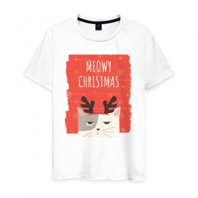 Мужская футболка хлопок с принтом MEOWY CHRISTMAS в Белгороде, 100% хлопок | прямой крой, круглый вырез горловины, длина до линии бедер, слегка спущенное плечо. | животные | кот | кошки | новый год | праздник | прикол | рождество | смешное