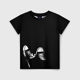 Детская футболка 3D с принтом Кеды в Белгороде, 100% гипоаллергенный полиэфир | прямой крой, круглый вырез горловины, длина до линии бедер, чуть спущенное плечо, ткань немного тянется | кеды | конверс | черный | шнурки