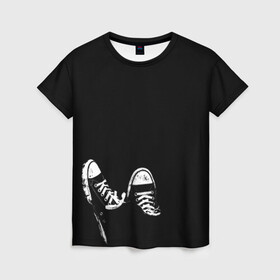 Женская футболка 3D с принтом Кеды в Белгороде, 100% полиэфир ( синтетическое хлопкоподобное полотно) | прямой крой, круглый вырез горловины, длина до линии бедер | кеды | конверс | черный | шнурки