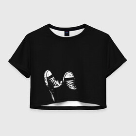Женская футболка Crop-top 3D с принтом Кеды в Белгороде, 100% полиэстер | круглая горловина, длина футболки до линии талии, рукава с отворотами | кеды | конверс | черный | шнурки