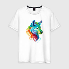 Мужская футболка хлопок с принтом Красочный Волк в Белгороде, 100% хлопок | прямой крой, круглый вырез горловины, длина до линии бедер, слегка спущенное плечо. | акварель | волк | краски | красочный волк