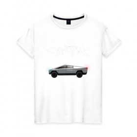 Женская футболка хлопок с принтом Tesla Cybertruck в Белгороде, 100% хлопок | прямой крой, круглый вырез горловины, длина до линии бедер, слегка спущенное плечо | car | cybertruck | elon musk | tesla | tesla cybertruck | кибертрак | тесла | тесла кибертрак