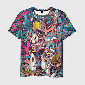 Мужская футболка 3D с принтом Space Hardrock Machine в Белгороде, 100% полиэфир | прямой крой, круглый вырез горловины, длина до линии бедер | rock | гитара | космонавт | космос | музыка | робот | рок | хард рок | электроника | электронная музыка