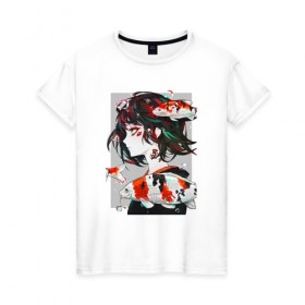 Женская футболка хлопок с принтом Девушка и Карп Кои в Белгороде, 100% хлопок | прямой крой, круглый вырез горловины, длина до линии бедер, слегка спущенное плечо | девушка | карп | карп кои | рисунок | рыба